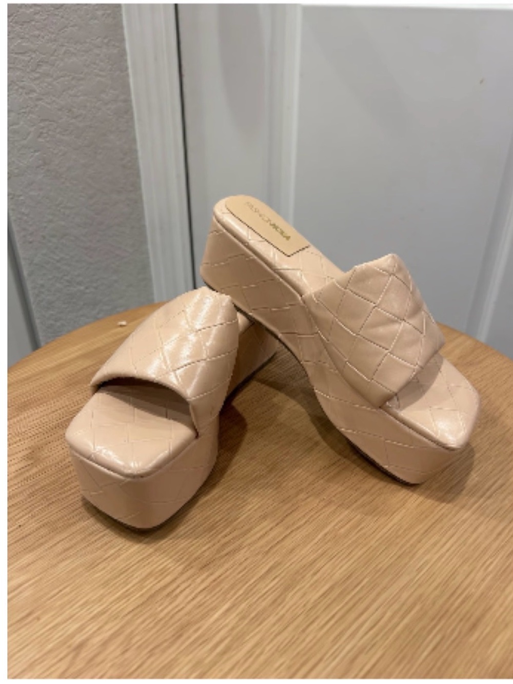 Fashion Nova Quilted Platform Slide Sandals in Beige